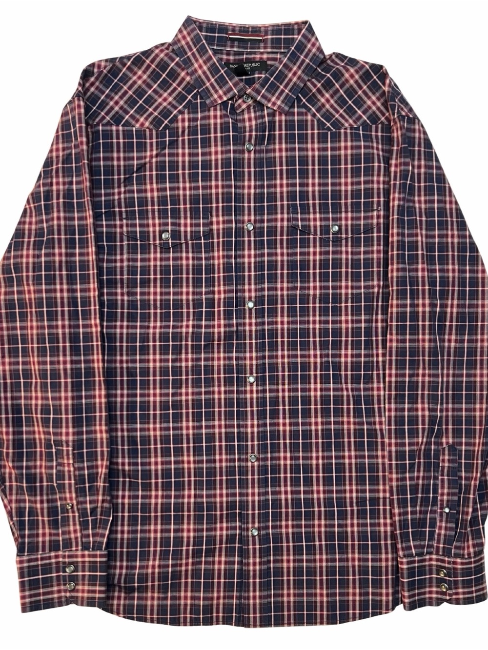 Banana Republic XL Pearl Snap Men's Shirt Red Plaid Western Long Sleeve Slim Fit - Picture 2 of 5